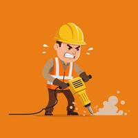 Construction Worker Using Jackhammer on Orange Background Expressing Frustration vector