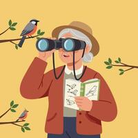 Woman Using Binoculars Observes Birds with Field Guide Outdoors vector