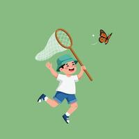 Boy Running and Catching Butterfly with Net in Cartoon Style vector