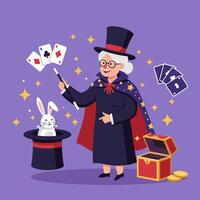 Performing Magic Show with Rabbit and Cards Using Magic Wand vector