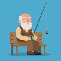 Old Man Relaxing While Fishing on Bench with Rod and Bobber vector