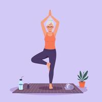 Woman Practicing Tree Pose at Home for Wellness and Flexibility vector