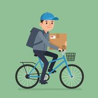 Man Delivering Package Riding Bicycle with Backpack and Basket vector