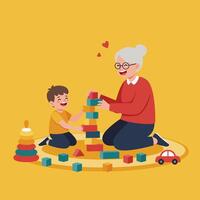 Grandmother and Grandson Playing with Blocks Together Building a Tower vector