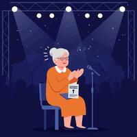 Senior Woman Clapping on Stage During Performance in Front of Audience vector