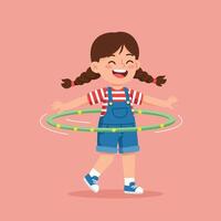 Girl Playing with Hula Hoop Smiling and Enjoying Activity vector
