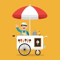 Selling Ice Cream Cart with Vendor Waving Hand on Yellow Backdrop vector