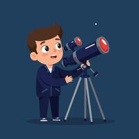 Boy Looking Through a Telescope Discovering Distant Star in the Sky vector
