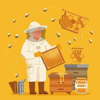 Beekeeper Checking Honeycomb Frame with Bees and Honey Illustration vector