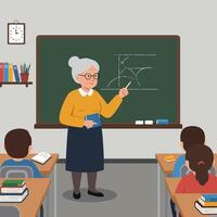 Teacher Explaining Geometry on Blackboard to Students in Classroom Setting vector