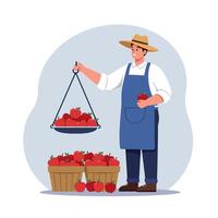 Man Weighing Red Apples at Farm Stand Wearing Apron and Hat vector