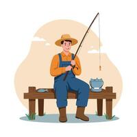 Fisherman Sitting on Dock Catching Fish with Rod and Bucket vector