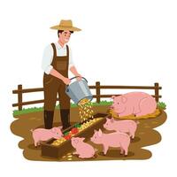 Farmer Feeding Pigs with Grain and Apples on a Farm vector