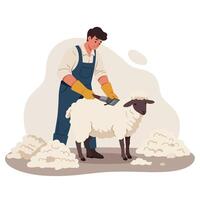 Man Shearing Sheep with Tool in Cartoon Style vector