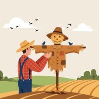 Farmer Tending to a Friendly Scarecrow in the Autumn Field vector