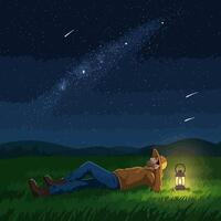 Man Lying on Grass Gazing at Night Sky with Stars vector