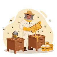 Beekeeper Holding Honeycomb Frame with Bees and Jars of Honey vector