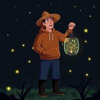 Man Holding Lantern with Fireflies Enjoying a Calm Evening vector