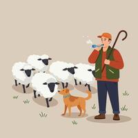 Shepherd Tending Flock with Dog Whistle and Sheepdog Assistance vector