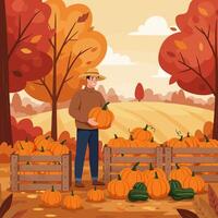 Man Harvesting Pumpkins in Fall Field with Colorful Autumn Trees vector