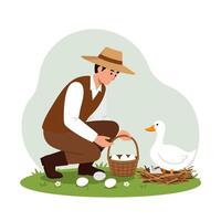 Farmer Gathering Eggs From Duck Nest in Outdoor Setting vector