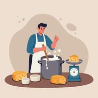 Man Stirs Pot Making Cheese with Scale and Prepared Ingredients vector