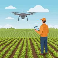 Farmer Using Drone Technology to Monitor Agriculture Field with Tablet vector