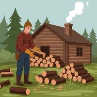 Man Stacking Logs Outside Log Cabin in Forest Scene vector