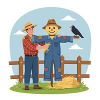 Farmer Stuffing Scarecrow with Hay in Field with Crow vector