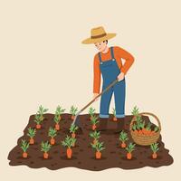 Farmer Tending to Carrot Field with Hoe and Filled Basket vector