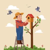 Man on Ladder Attaching Birdhouse to Tree Attracting Flying Birds vector
