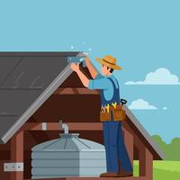 Worker Fixing Roof on Shed with Tank and Tool Belt vector