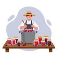 Man Preparing Homemade Fruit Jam with Berries and Cherry on Table vector