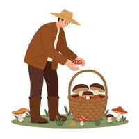 Man Picking Mushrooms and Placing Them Into Wicker Basket vector