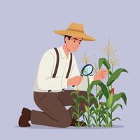 Examining Corn Plants with Magnifying Glass in Field Observation vector