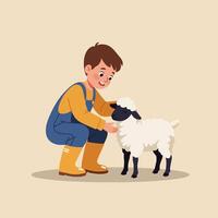 Young Person Interacting with Sheep Illustration in Gentle Colors vector