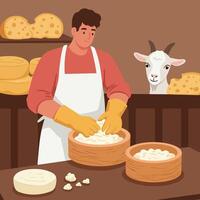 Man Making Cheese with Goat Watching Artisan Food Creation Process vector