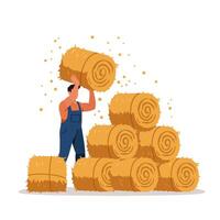Farmer Stacking Round Hay Bales Creating a Pyramid Shape on Field vector