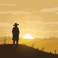 Standing Man Overlooking Golden Field at Sunset with Hazy Horizon vector