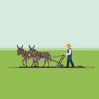 Farmer Plowing Field with Donkeys in Rural Agriculture Setting vector