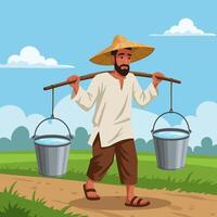Man Carrying Water Buckets Using Shoulder Pole on Rural Path vector