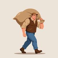 Man Carrying Large Sack on Shoulder Walking with Determination vector