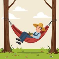 Man Relaxing in Hammock Reading a Book Under the Trees vector