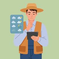 Farmer Checking Weather Forecast on Tablet While Planning Agriculture Strategy vector