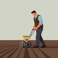 Man Sowing Seeds in Field Using Seeder for Planting Crops vector