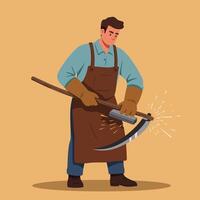 Man Sharpening Scythe Blade with Stone Creating Sparks in Workshop vector