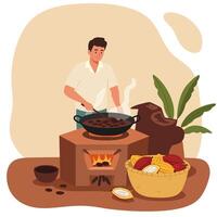 Man Cooking Cacao Beans on Stove with Basket of Cacao Pods vector