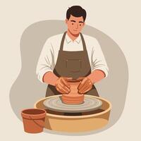 Man Shaping Clay Pot on Wheel in Pottery Workshop Scene vector