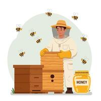 Beekeeper Tending to Beehive with Flying Bees and Jar of Honey vector