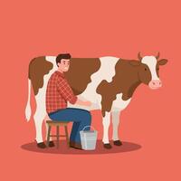 Man Milking Cow by Hand in Simple Illustration Style Design vector
